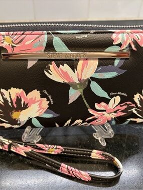 Steve Madden Black Floral Wristlet Clutch with Pink & Mint Accents